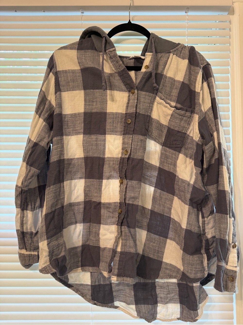 Time and Tru Gray and White Plaid Hooded Button-Down Shirt